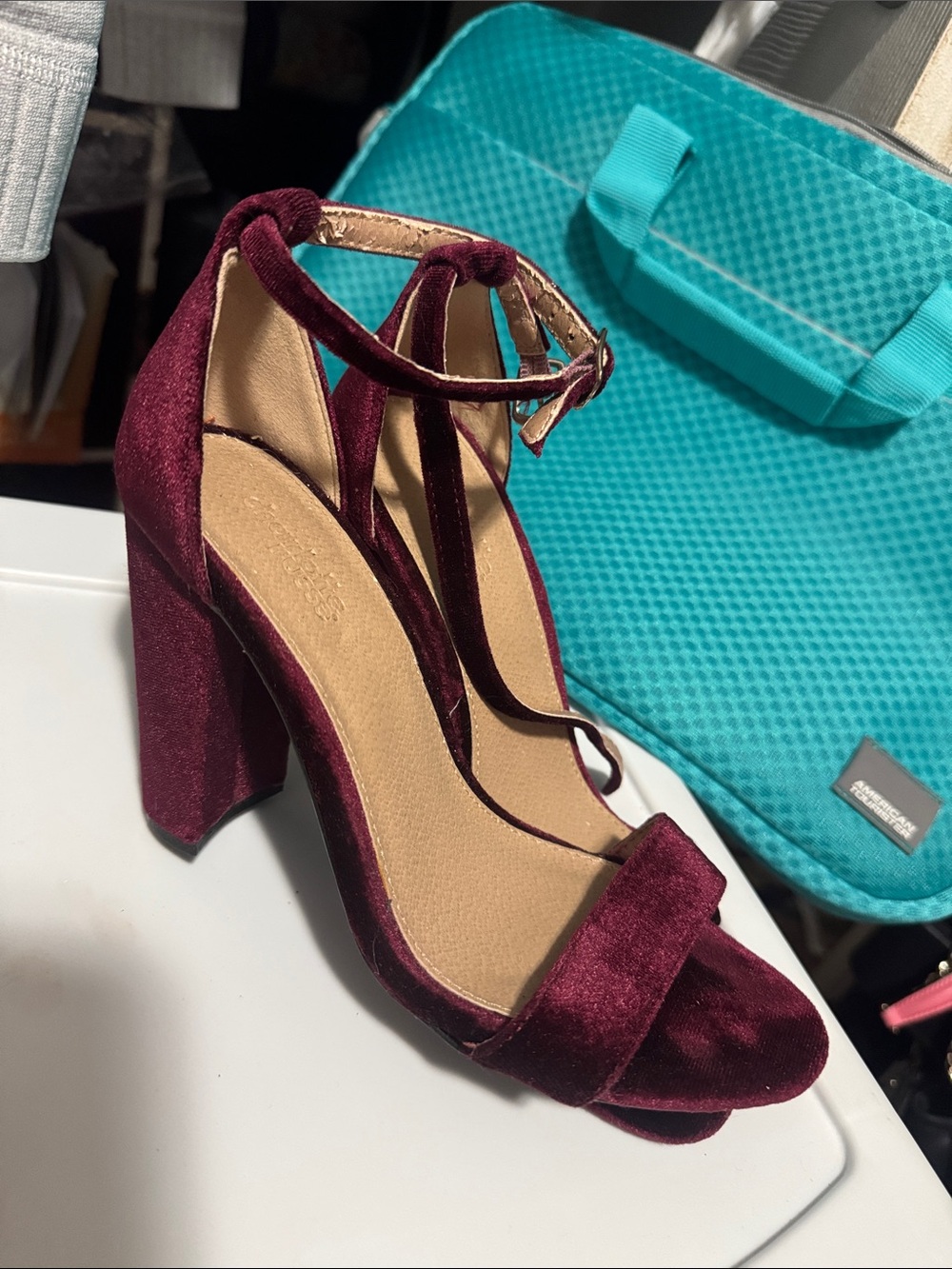 Women's Burgundy Velvet Block Heel Ankle Strap Sandals